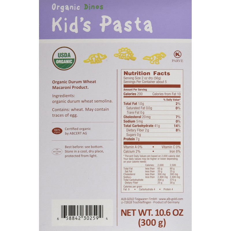 Alb Gold Organic Dinosaur Shape Kid's Pasta, Dinosaur Shape Pasta,