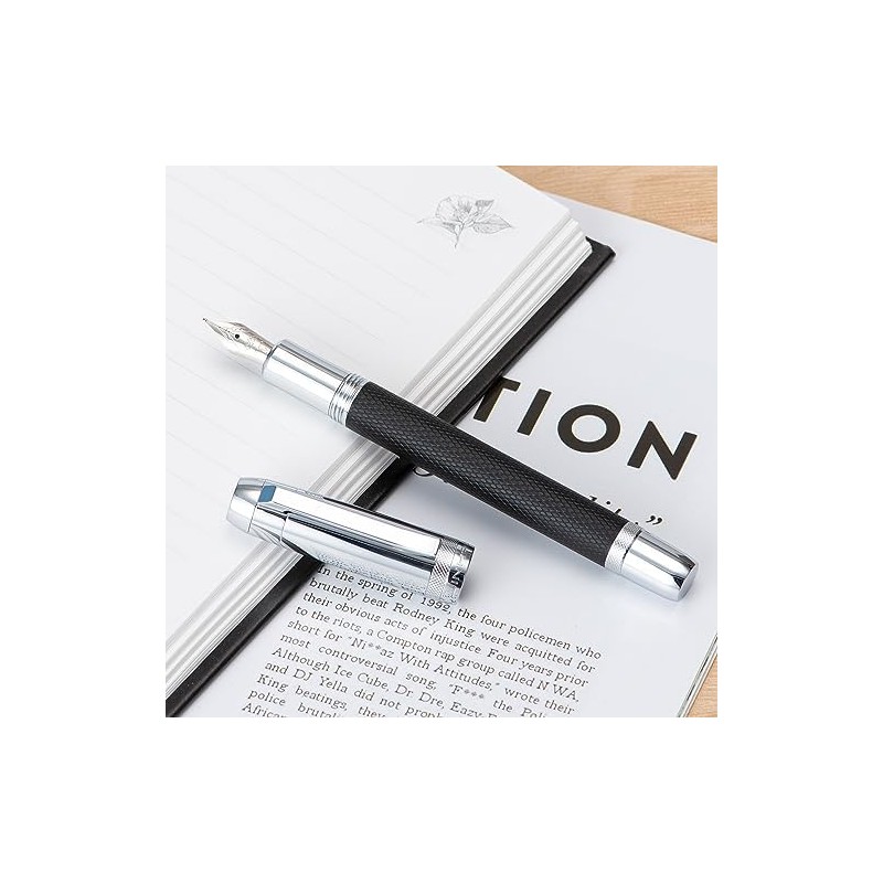 Jinhao 92 Pluma estilográfica negra plateada, punta media, metal sólido