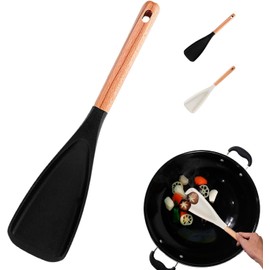 Multi Function Spoon, 2025 New 2 in Multi Function Spatula Spoon for Cooking and Serving, Long Head Silicone Salad Spatula Spoon with Wood Handle Cooking Utensil Kitchen Gadget (Black)