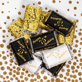 75th Birthday Miniatures Candy Bar Wrapper, (Set of 60) Mini Candy Bar Stickers; 3 Designs: 24 Gold, 24 Black, 12 White, Candy Not Included