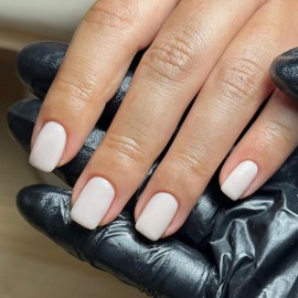 Viugex 24PCS White Press on Nails Short Square, Solid Color Glossy False Nails, Natural Acrylic Full Cover Fake Nail Set, Artificial Elegant French Stick on Nails for Women Girls Nail Art Decorations