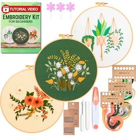 HOMEVIA 3 Sets Floral Embroidery Kit for Beginners with Embroidery Patterns, Video Guide - DIY Cross Stitch Kit 1x Hoop & Threads⏐Hand Embroidery Kits Flower Embroidery Kit for Adults and Kids