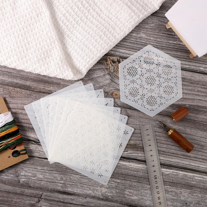 8pcs Plastic Sashiko Stencil, 8 Styles Geometric Embroidery Stabilizers White