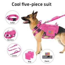 Forestpaw Pink Tactical Dog Vest Harness and Easy Control Training Dog Collar with Bungee Dog Leash Set No Pull Military Dog Harness with Backpack for Medium Large Dogs(Chest 21.5-45.0")