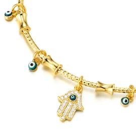 COOLSTEELANDBEYOND Womens Gold Color Hamsa Hand of Fatima Evil Eye Charm Cuff Bangle Bracelet, Elastic Adjustable(CA)