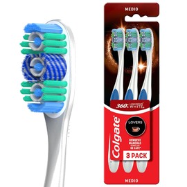 Colgate Cepillo de Dientes 360° Luminous White Lovers 3 piezas, cerdas en espiral y copas blanqueadoras, limpiador de lengua y mejillas, remueve manchas superficiales