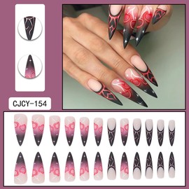Press on Nails Pointed Almond Shaped Glossy Full Cover Acrylic Almond Medium Length French False Nails with Cherry Flame Designs Artificial Fake Nails Glue ons Nails Stick on Fingernails for Women