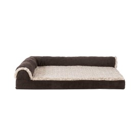 Furhaven Cooling Gel Dog Bed for Medium/Small Dogs w/ Removable Bolsters & Washable Cover, For Dogs Up to 35 lbs - Two-Tone Plush Faux Fur & Suede L Shaped Chaise - Espresso, Medium