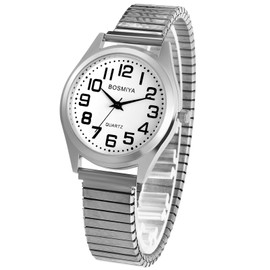 OIDEA Man's Easy Reader Watch: Big Face Clear Number Analog Quartz Elastic Strap Wrist Watches for Man Waterproof Dress Wristwatch White Face Silver Expansion Band