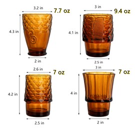 Frcctre Set of 4 Koi Fish Design Drinking Glasses, Stackable Amber Tumbler Glasses Beverage Cups Juice Tumblers Drinking Water Cups Nautical Glassware for Home, Party, Bar