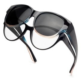 Face Shadow Polarised Over Sunglasses Over Normal Glasses Women's UV400 Protection, Oversized Glasses for Glasses Wearers, Ultra Light Driving, Fishing, L-black-blue champagne frame/grey lens