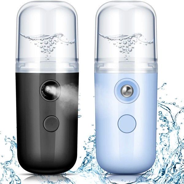 2 piezas Nano Facial Mister 30ml Mini Humidificador Facial Portátil Pulverizador Facial Portátil USB Recargable Práctica Máquina de Cuidado de la Piel para Hidratación facial, Maquillaje Diario (Negro y Azul)