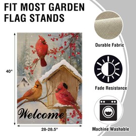 Artofy Welcome Winter Cardinals Red Birds Home Decorative House Flag, Birdhouse Berries Tree Garden Yard Outside Decor, Christmas Snow Farmhouse Outdoor Large Seasonal Decoration Double Sided 28x40
