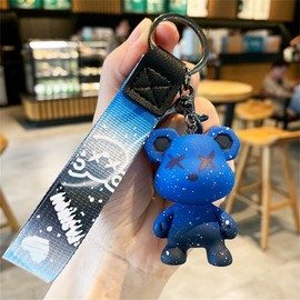 Xierdio Cute bear cartoon keychain, fashion bag pendant wrist lanyard, car key accessories charm unisex (Blue)