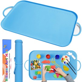 Effidula Silicone Painting Station Mat for Kids, Large Silicone Craft Mat with Handle, Silicone Art Mat with Raised Edges for Painting, Jewelry-Making and Crafts Creation, 26x16in, Blue
