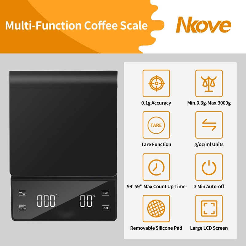 NKOVE Digital Coffee Scale with Timer 3kg/0.1g High Precision Espresso