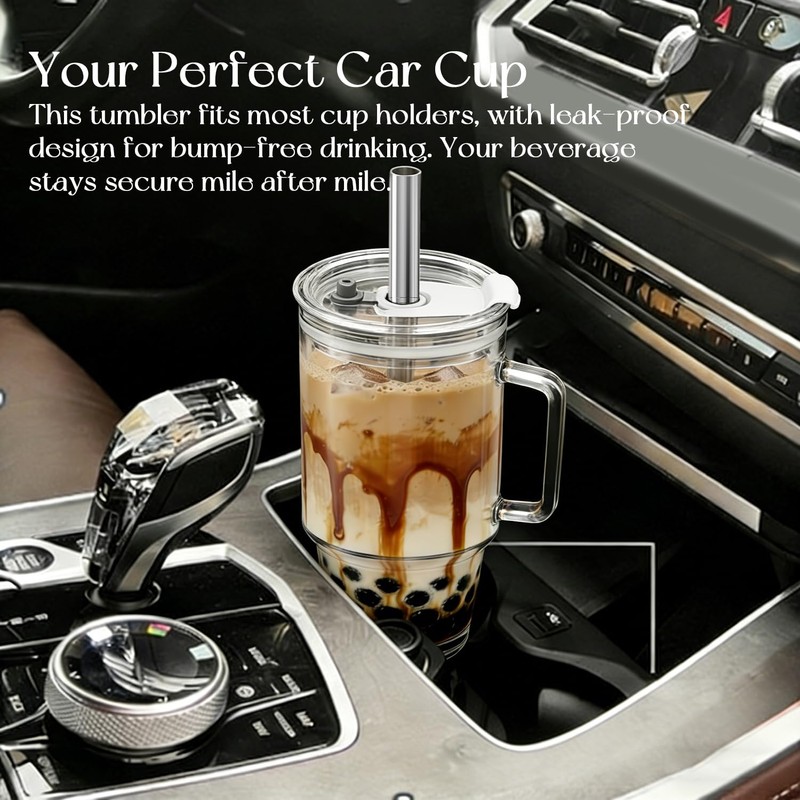 KEMORELA 24oz Clear Glass Tumbler with Handle, Lid & 13mm