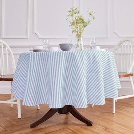 Solino Home Linen Round Tablecloth 70 Inch - Amalfi Stripe, 100% Pure Linen Sky Blue and White Round Tablecloth - Machine Washable Table Cloth