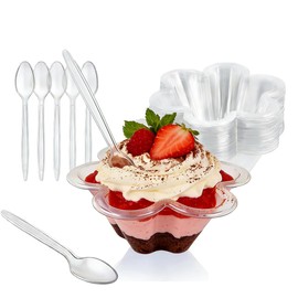 Rowcay Clear Ice Cream Cups with Spoons, 50 Pack, 8 oz Flower Bowls