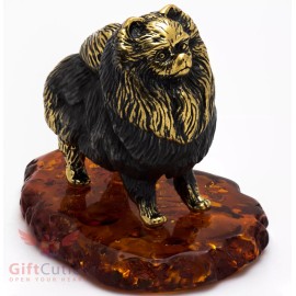 Solid Brass Amber Figurine of Pomeranian Spitz dog IronWork