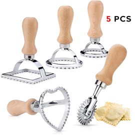 Set of 5 Stainless Steel Ravioli Cookie Cutters, Ravioli Cookie Cutters with Wooden Handle, Ravioli Stamp, Stainless Steel Ravioli Cookie Cutters, for Ravioli, Pasta, Dumpling Tool