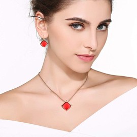 EVEVIC Square Austrian Crystal Necklace Earrings for Women Fashion 18K Gold Plated Hypoallergenic Jewelry Set (Red)