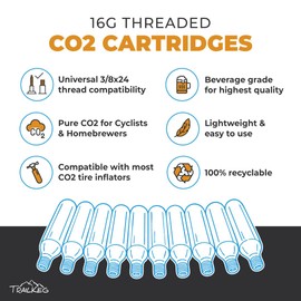 TrailKeg 16g Threaded CO2 Cartridges for Beverage Dispensing & Bike Tire Inflators - Food Grade Co2 Canisters for Growlers, Mini Kegs & MTB, 10-Pack