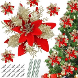 DERAYEE 12 x Christmas Glitter Poinsettia Flowers, Red Artificial Christmas Flowers with Clips and Stems for Christmas Tree Ornaments, Home Decoration (Red)