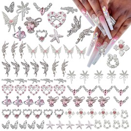 70PCS Silver Nail Charms,Y2K Nail Art Rhinestone Charms 3D Heart Bow Star with Rhinestones,Charms for Nails Design,Accessories Supplies (Silver Pink 2)