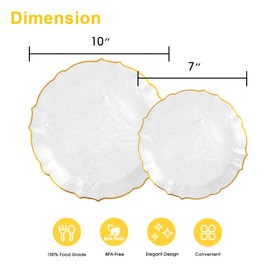 Lullaby 100pcs White Plastic Plates with Gold Rim, Fancy Lace-Edged Disposable Plates include 50pcs Dinner Plate 10”, 50pcs Dessert Plate 7”, Perfect for Party, Wedding, Holiday