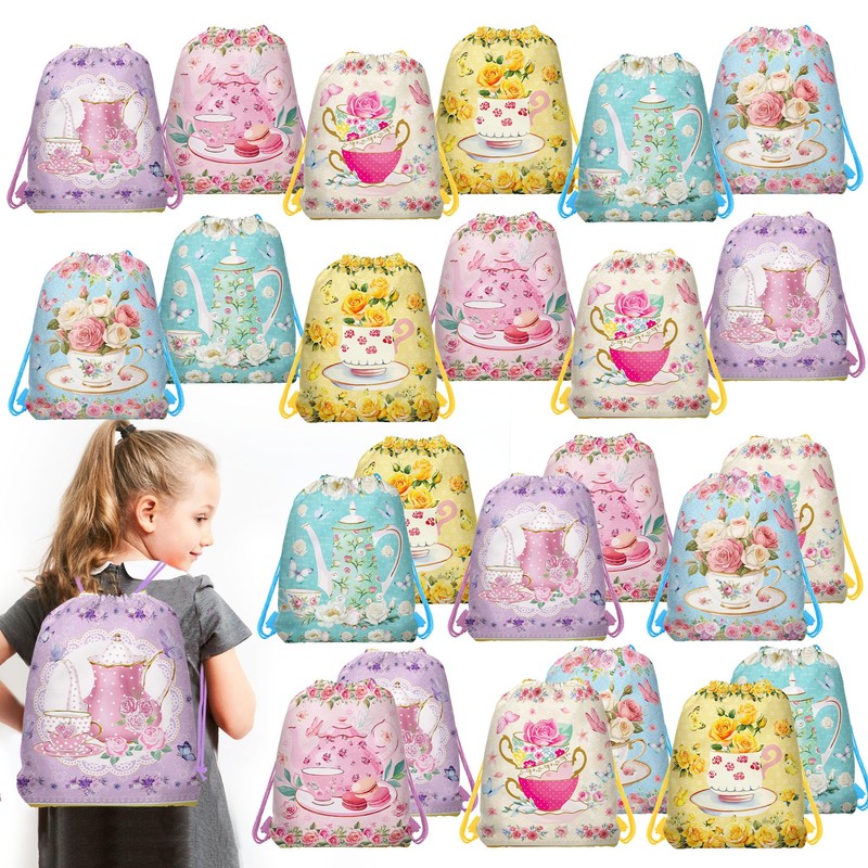 12 Pcs Tea Party Drawstring Bag Set, Colorful Floral Non-Woven