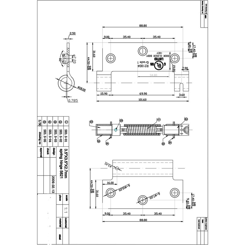 Onward 5821BR 3-1/2" Full Mortise Adjustable Spring Hinge, Brass