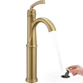 HOIGY Gold Vessel Sink Faucet, Brass Tall Bathroom Sink Faucet One Hole with 1 Handle, Pop Up Drain, cUPC Supply Hoses & Aerator for Above Counter Basin, Arched Spout Design, 5 Mins Quick Installation