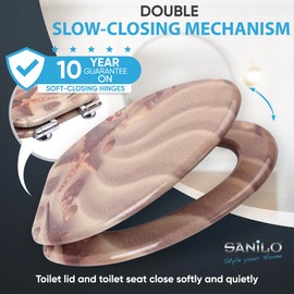 SANILO Wooden Toilet Seat with Soft Close [ELONGATED] - Decorative, Quiet & Slow Close Molded Wood Seat - With Strong Bumpers & Hinges - Adjustable Fit - Sanibel