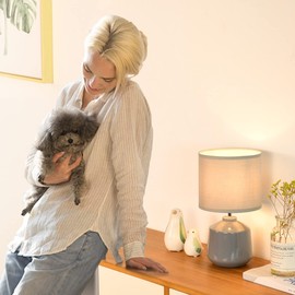 Lampwell Lena Modern Ceramic Bedside Table Lamp, Grey, 7.09H12.99IN, Bulb Excluded