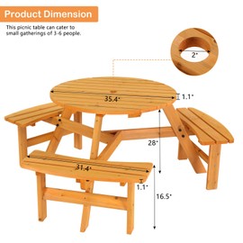 JOYBASE 6-Person Wooden Picnic Table, Outdoor Round Table with Built-in Benches and Umbrella Hole, Picnic Table Bench Set for Patio, Backyard, Garden (Wood Color)