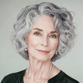 Grey Short Curly Wig Womens Fluffy Natural Looking Wig Synthetic Fiber Hair Wig for Daily Party Halloween Use(Grey White)