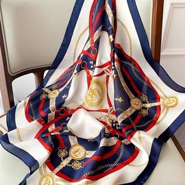 Torata Women's Large Beautiful Silk Scarf, 27.6 x 27.6 inches (70 x 70 cm), Large Bandana, Women's, navy cat