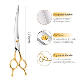 FOGOSP Curved Dog Grooming Scissors Professional 7" Grooming Shears for Dogs Pet Right Handed Groomer Japan 440C Stainless Steel (7 in Curved, Gold)