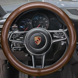 HAOKAY - Funda de Volante de Piel Genuino café de Grado Superior para Hombres y Mujeres, Funda de Volante de Lujo para Coches, SUV y Camiones, Universal de 14.5-15 Pulgadas
