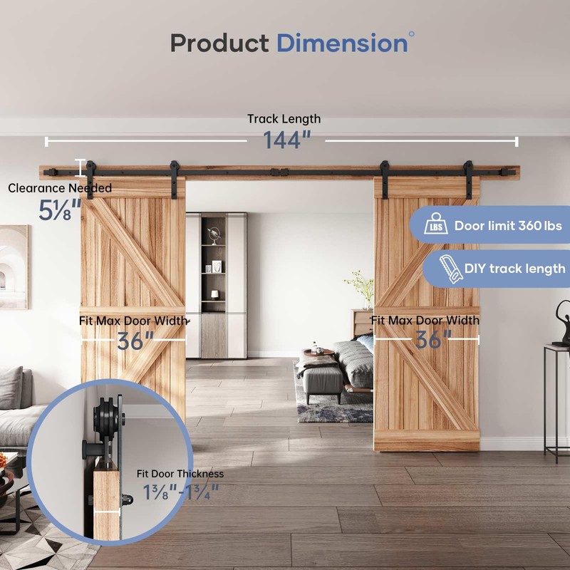 EaseLife 12 FT Double Door Sliding Barn Door Hardware Track
