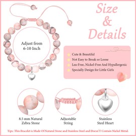 Aucuu Heart Charm Bracelet, Pink Zebra Beads Adjustable Bracelets with Heart Pendant，Sweet Heart Charm Natural Stone Bracelet with Adjustable Rope for Teen & Girls