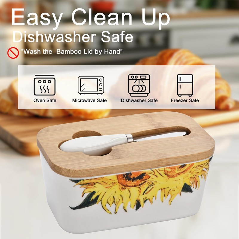 Large Butter Dish with Lid for Countertop,Sunflower Ceramic Covered Butter