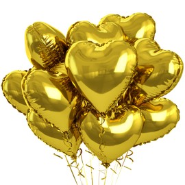 Foil Heart Balloons Gold, 10PCS Gold Heart Shape Balloons, 18 Inch Metallic Gold Love Balloons for Helium, Birthday Balloons Decorations for Golden Wedding, Valentines Day, Brithday Party, Anniversary