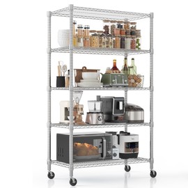 Homdox Heavy Duty Storage Shelves, 5 Tier Wire Shelving Unit with Wheels, Commercial Adjustable Metal Shelves for Storage, Garage Rack Pantry Shelves Kitchen Shelving, 18"x36"x82", Chrome