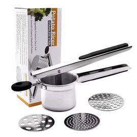 Potato Ricer Stainless Steel Food Press with 3 Interchangeable Discs, Manual Kitchen Tool