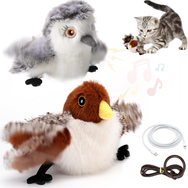 2 PCS Cat Toys Flapping Bird Interactive Flying Chirping Birds,