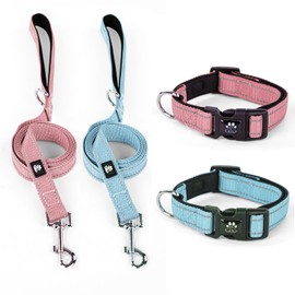 IVY&LANE 2 Pack Reflective Dog Collars and Leashs Set,Adjustable Neoprene Padded Dog Collar for Puppy, Breathable Nylon Pet Collar for Small Medium Large Dogs(Medium,Blue+Pink)