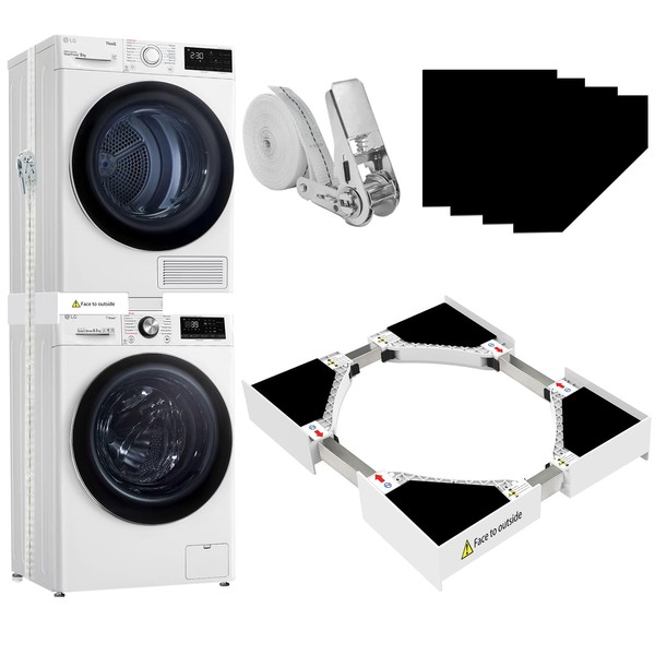 HHXRISE Washer Dryer Stacking Kit, Universal 24/25/ 26/27/ 28/29 Inch Washer and Dryer Stackable, Adjustable Stacking Kit for Washing Machine and Dryer, Connecting Frame with Ratchet Strap