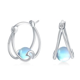 Gemstone Hoop Earrings for Women 925 Sterling Silver Huggie Earrings Gemstone Earrings Circle Folding Hoop Earrings Gift for Women Girls, Sterling Silver, Moonstone